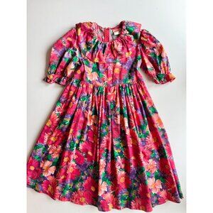 Vintage Girls' MONAT Red Purple Floral Cotton Muslin Fit & Flare Dress, Size 10